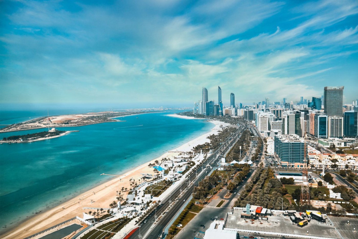 Abu Dhabi coastline and Corniche from above