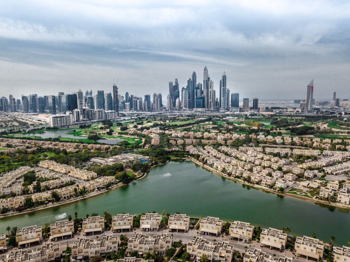 Low-rise residential community with the skyline behind