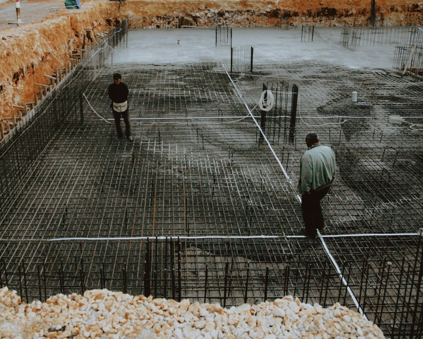Reinforcement grid of the raft foundation before the pour
